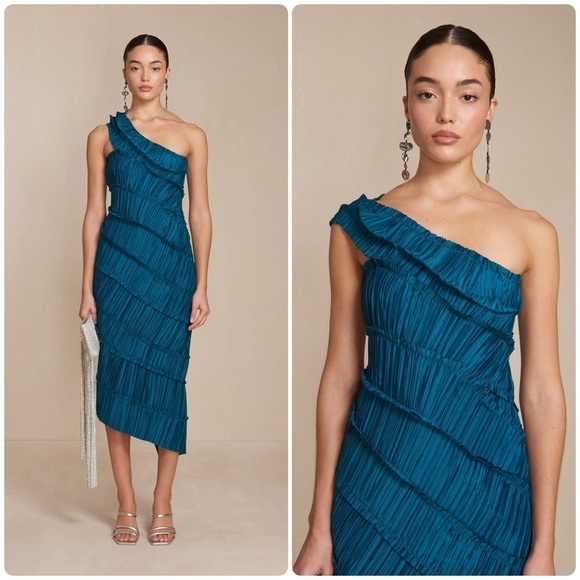 New! Cult Gaia Livia One Shoulder Asymmetric Gown in Deep Teal Seamoss 🌊🐚 XS - Picture 3 of 16